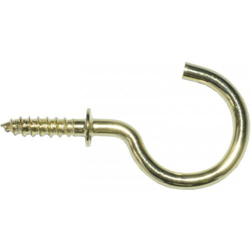 Brass plated steel cup hooks for organized storage, ideal for hanging mugs and utensils in kitchens or offices.