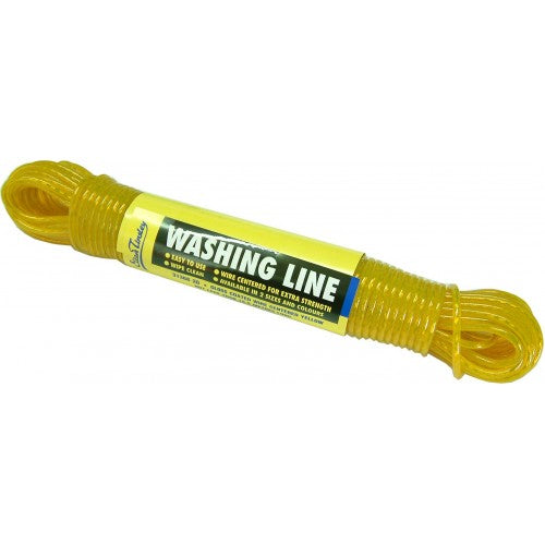 Vibrant yellow 20m PVC-coated clothes line, durable and weather-resistant for efficient laundry drying.