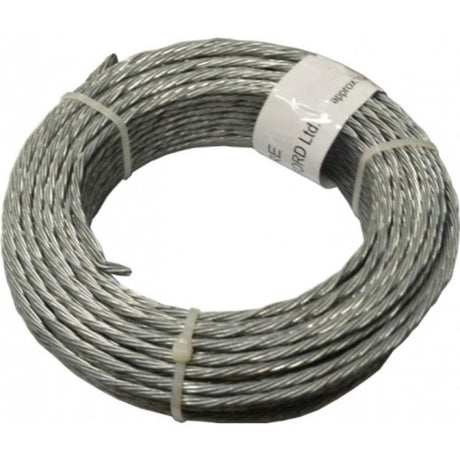 Durable 9-gauge galvanized steel clothesline wire, 50 feet long, ideal for laundry drying and DIY projects.