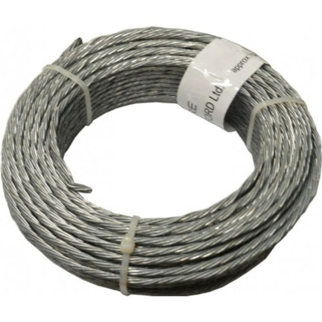 Durable 9-gauge galvanized steel clothesline wire, 50 feet long, ideal for laundry drying and DIY projects.