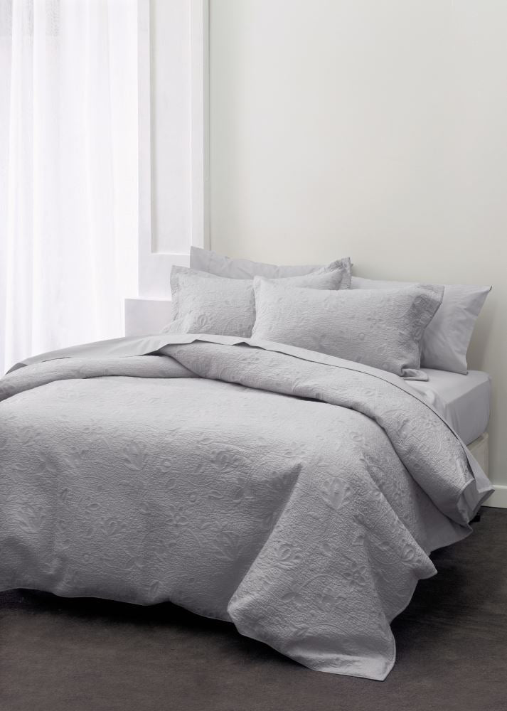 Chantel Grey Bedspread by Savona, luxuriously quilted, 100% cotton, single size, includes coordinating pillowcase.