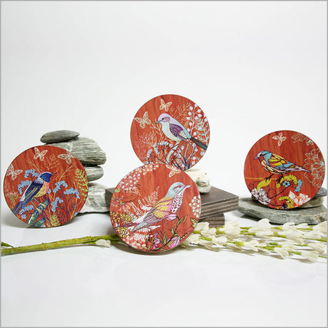 Set of 4 bird-themed coasters, vibrant designs on durable MDF, perfect for protecting surfaces and enhancing decor.