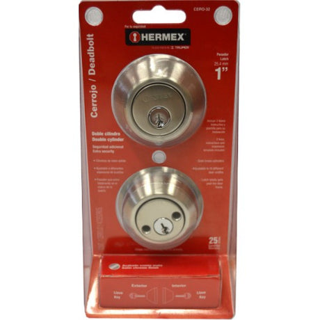 Satin Chrome Deadbolt Double Cylinder Truper offers robust security, high durability, and stylish design for doors with glass panels.