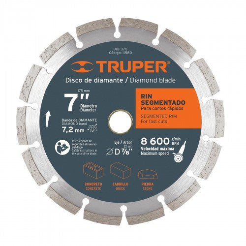 Truper 175mm diamond segmented rim blade for fast, efficient cutting of concrete, brick, and stone in wet or dry conditions.