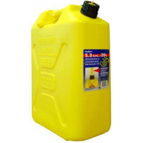 Vibrant yellow 20L diesel container, tall design for easy handling, durable, rustproof, and safe for fuel storage.