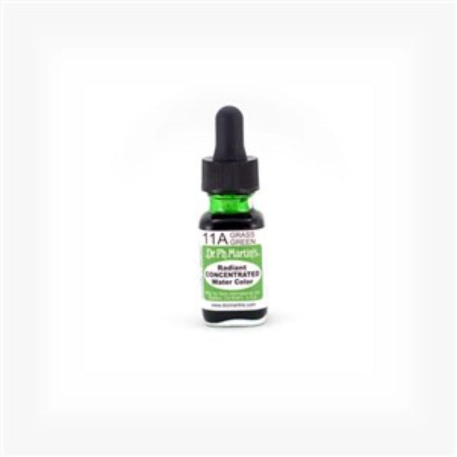 Dr. Ph. Martin's 0.5oz Grass Green watercolor in a glass bottle with eyedropper for vibrant artistic creations.