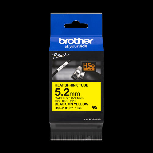 Brother HSe-611E Heat Shrink Tube Tape Cassette, Black on Yellow, 5.2mm Wide
