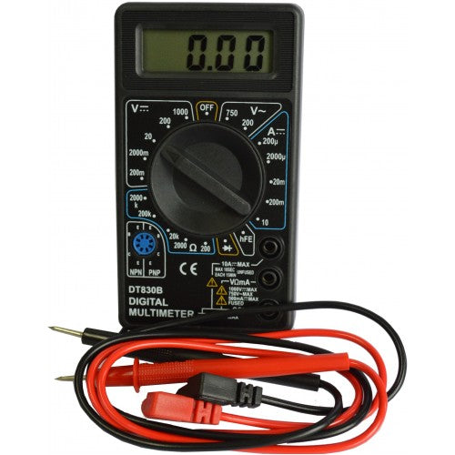 AC/DC Digital Multimeter Allied #DT-830B, measures voltage, current, resistance with LCD display, compact and user-friendly.