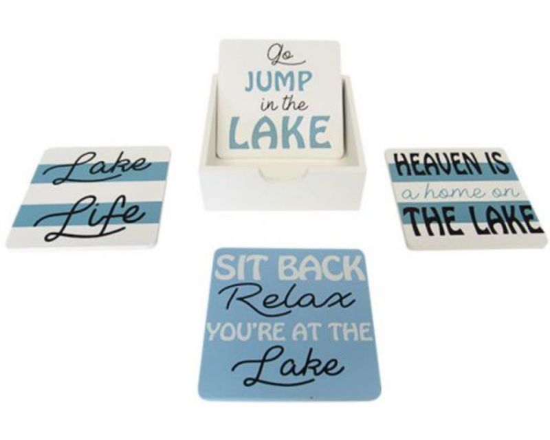 Set of 4 lake-themed wood coasters in holder, measuring 9.7 cm square, perfect for nature lovers and home decor.