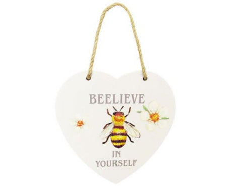 Bee heart-shaped wooden sign with twine hanger, measuring 15 x 15 cm, perfect for home decor.
