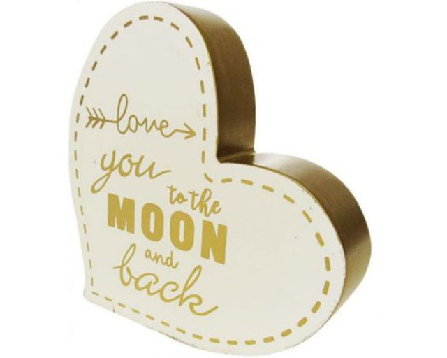 Wood heart-shaped sign with 'I Love You to the Moon and Back' for heartfelt home decor or gifting.