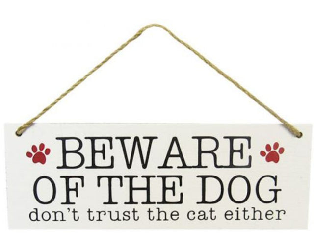 Wooden 'Beware of Dog' sign with twine hanger, 28 x 10 cm, enhances home decor and warns guests of playful pup.