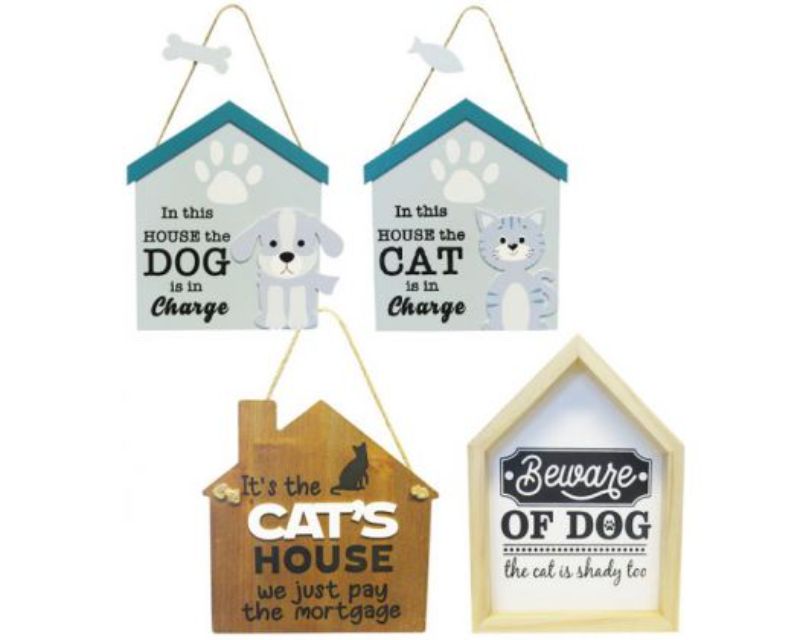 Set of four wooden pet signs featuring charming designs for dog and cat lovers, perfect for home decor.