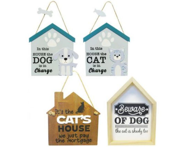 Set of four wooden pet signs featuring charming designs for dog and cat lovers, perfect for home decor.