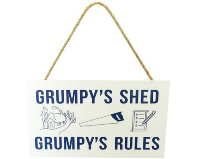 Rustic wood sign featuring a grumpy face, ideal for man caves, measuring 21 x 12 cm with a durable twine hanger.