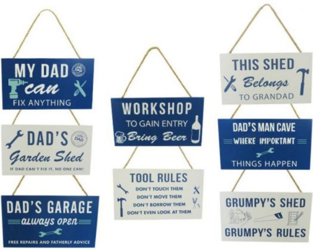 Set of 8 rustic wood signs with twine hangers for personalizing your man cave or home bar decor.