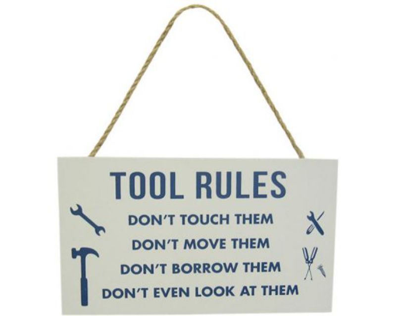 Rustic wooden sign with tool rules for man caves, featuring a twine hanger, measuring 21 x 12 cm.