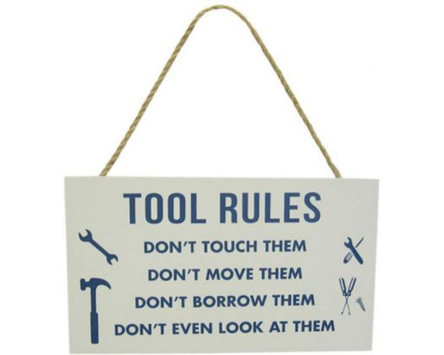 Rustic wooden sign with tool rules for man caves, featuring a twine hanger, measuring 21 x 12 cm.