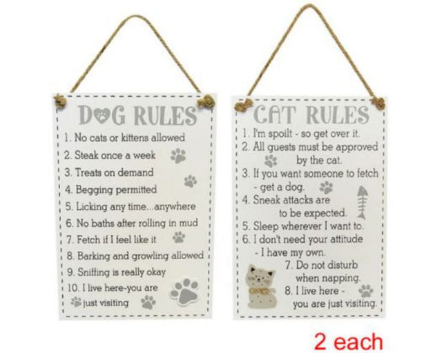 Set of four wooden pet rule signs featuring cat and dog designs, perfect for enhancing pet-friendly home decor.