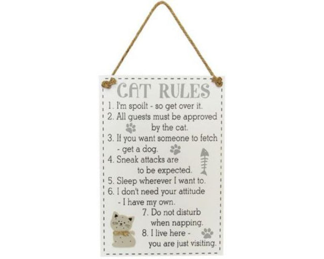 Rustic wood sign featuring whimsical cat rules, perfect for cat lovers' home decor, measures 35x24 cm.