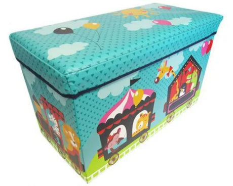 Colorful circus-themed toy box measuring 60x29x35 cm, doubles as a stool, perfect for organizing children's toys.