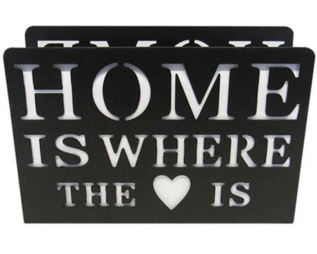 Elegant black metal napkin holder featuring 'Home is where the heart is' cut-out; measures 15cm x 10cm.