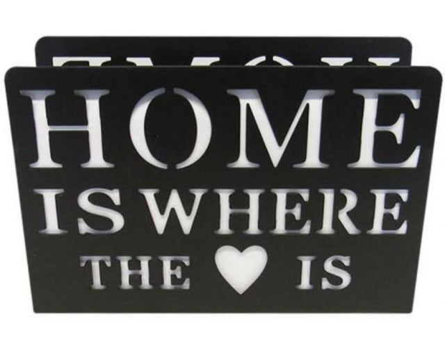 Elegant black metal napkin holder featuring 'Home is where the heart is' cut-out; measures 15cm x 10cm.