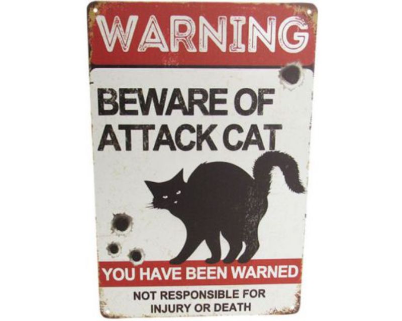 Retro attack cat tin sign with playful graphic, perfect for cat lovers and quirky home decor. Measures 30cm x 20cm.