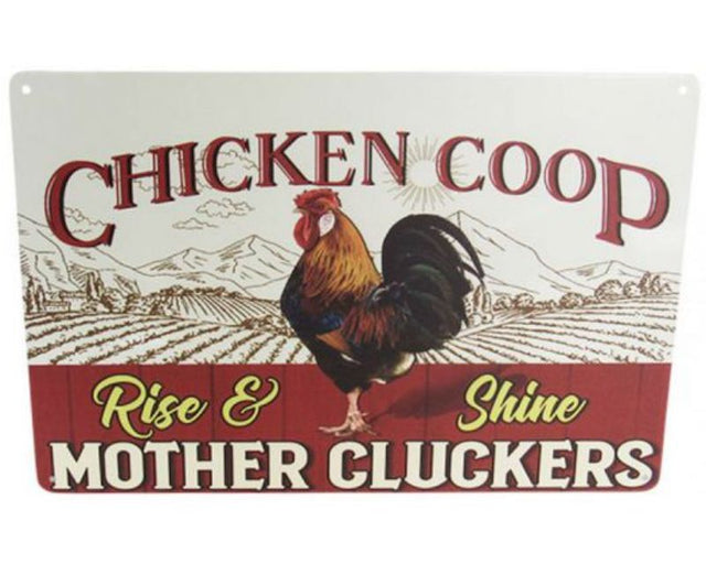 Decorative retro tin sign of a chicken coop, measuring 30cm x 20cm, perfect for kitchens and garden decor.