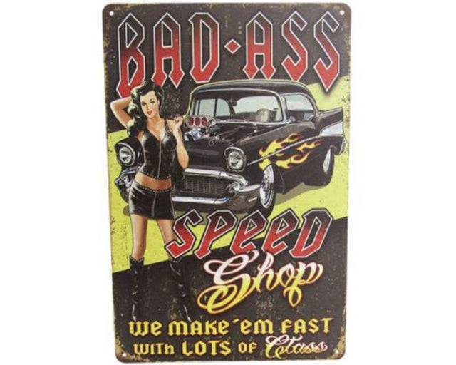 Retro-style tin art sign featuring vibrant colors and fast cars, perfect for car enthusiasts and enthusiasts alike.