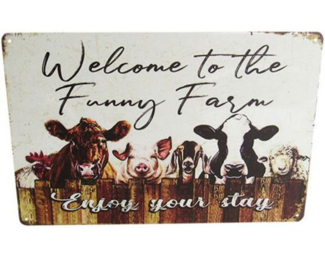 Colorful retro tin sign featuring whimsical farm animals, perfect for adding humor to home decor. Measures 30cm x 20cm.