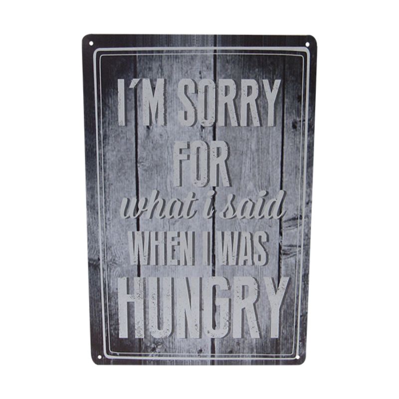 Retro tin art sign 'Hungry' featuring vibrant colors, perfect for kitchens and cafes, measuring 30cm x 20cm.