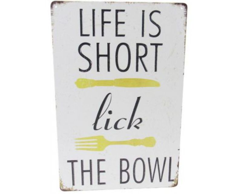 Retro 'Lick the Bowl' tin art sign, 30cm x 20cm, quirky design perfect for kitchens and cafes.