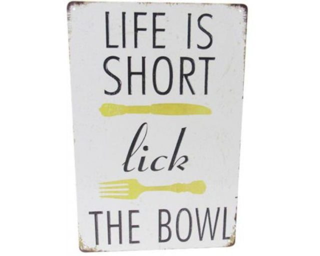 Retro 'Lick the Bowl' tin art sign, 30cm x 20cm, quirky design perfect for kitchens and cafes.