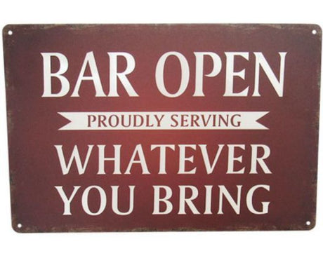 Retro Art Tin Open Bar sign, 30cm x 20cm, vibrant metal design for home or bar decor, perfect for gatherings.