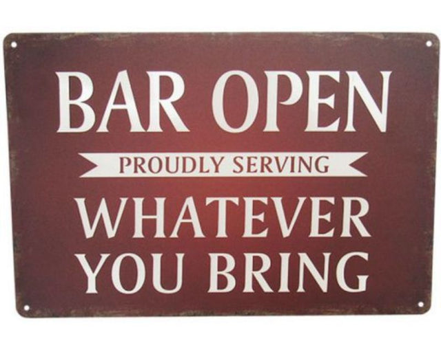 Retro Art Tin Open Bar sign, 30cm x 20cm, vibrant metal design for home or bar decor, perfect for gatherings.