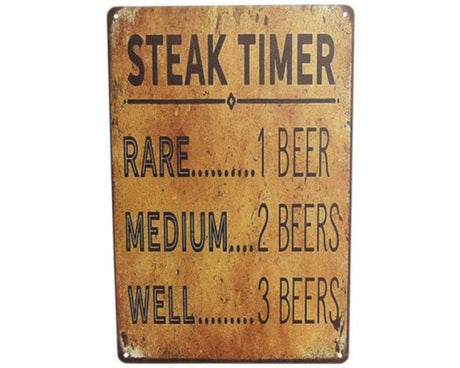Art Tin Steak Timer: 30cm x 20cm retro sign, perfect for displaying in kitchens or grill areas, blending function with charm.
