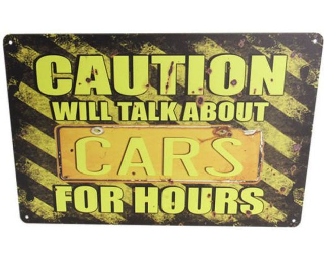 Retro tin art sign featuring iconic cars, perfect for car enthusiasts and unique home decor.