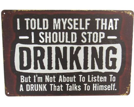 Retro tin art sign 'Talks to Self' adds vibrant personality and charm to any space, measuring 30cm x 20cm.