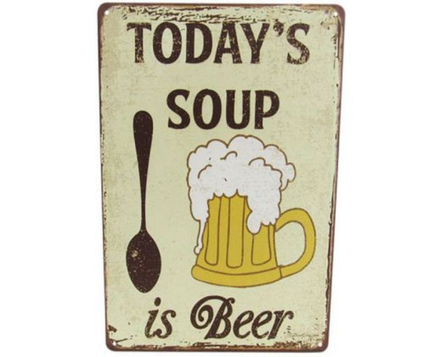 Retro metal sign featuring vibrant beer-themed art, ideal for home bars and man caves, measuring 30cm x 20cm.