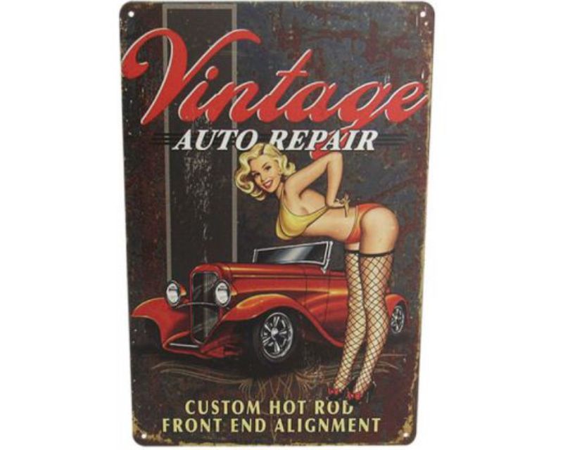 Retro tin art sign featuring iconic vintage cars, perfect for automotive enthusiasts and stylish decor.