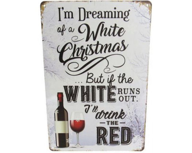 Retro tin art sign featuring vibrant holiday graphics for festive wine-themed decor, measuring 30cm x 20cm.