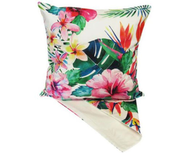 Vibrant 'Tropical Flowers' cushion cover, 44cm x 44cm, adds a lively touch of nature to any living space.