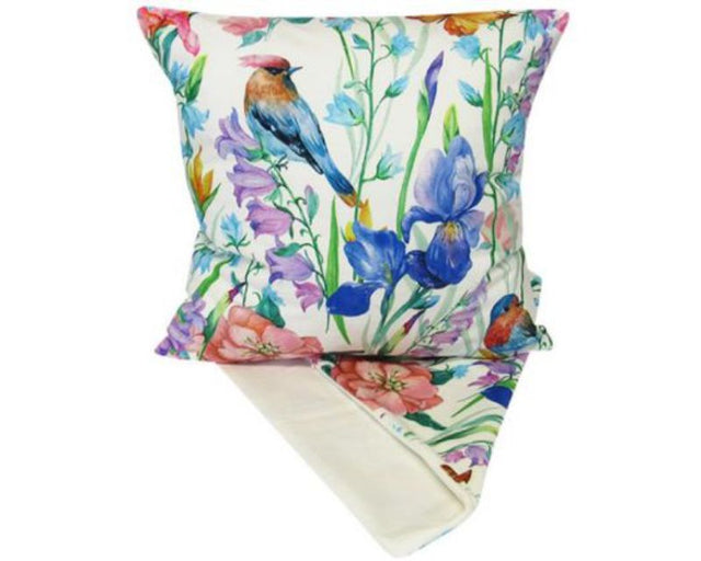 Cushion cover featuring vibrant bird designs, measuring 44cm x 44cm, perfect for garden-themed decor.