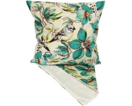 Vibrant cushion cover with birds and flowers design, measuring 44 x 44 cm, perfect for enhancing home decor.