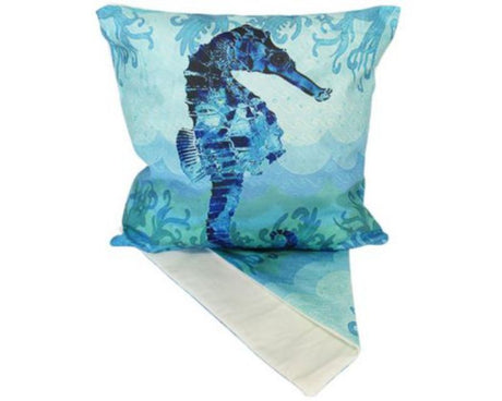 Cushion cover featuring a beautifully designed seahorse, perfect for ocean-themed home decor, measuring 44 x 44 cm.