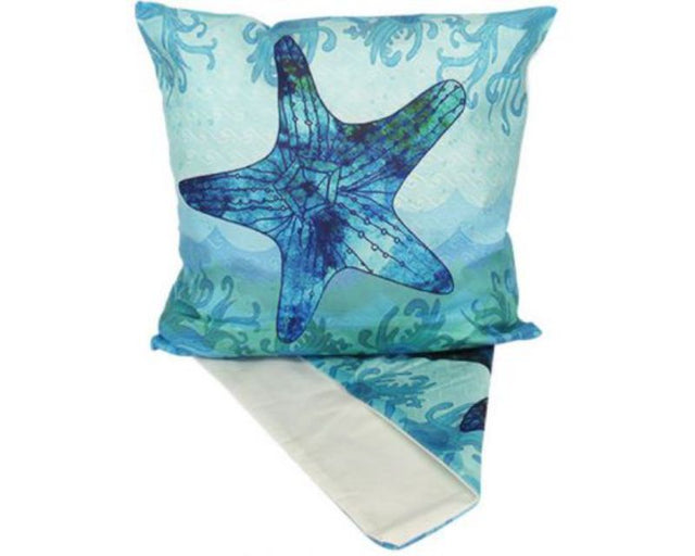Vibrant ocean-themed cushion cover featuring intricate starfish patterns, perfect for coastal decor.