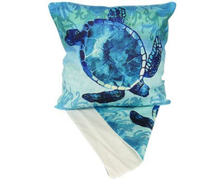 Ocean Turtle Cushion Cover featuring intricate turtle illustrations and vibrant aquatic life, perfect for coastal decor.