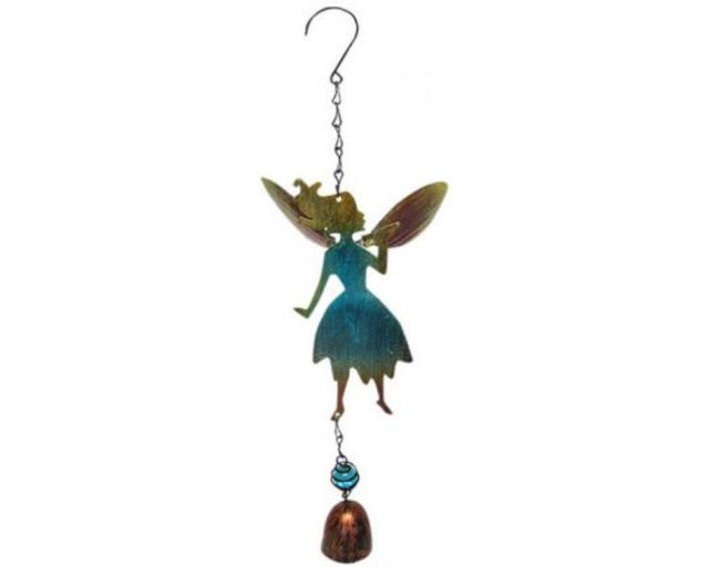 Whimsical blue glass fairy wind chime with bell, 38 cm long and 18.5 cm wingspan, perfect for enchanting gardens.