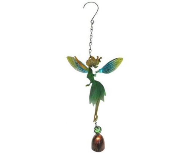 Glass fairy chime in green with delicate wings; sways gently, producing soothing sounds, perfect for garden decor.